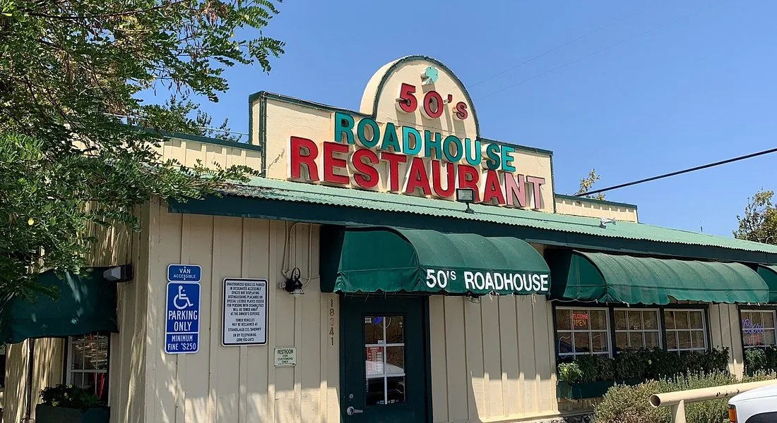 50's Roadhouse exterior with its 1950s-style neon sign, Knights Ferry, California